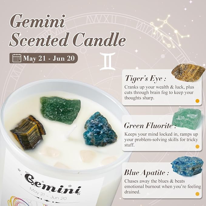 Gemini Gifts for Women, Zodiac Gemini Candle with Healing Crystals, Astrology Birthday Gifts for Women, Mom, Sister, Friends, Meditation, Yoga, Relaxation (7oz)