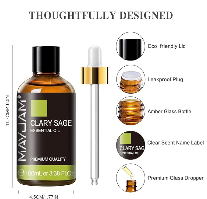 Clary Sage Essential Oil with Glass Dropper - MAYJAM Pure Clary Sage Oil Essential Oils for Diffusers for Home - Perfect for Aromatherapy and Relaxation - Huge 3.38fl.oz