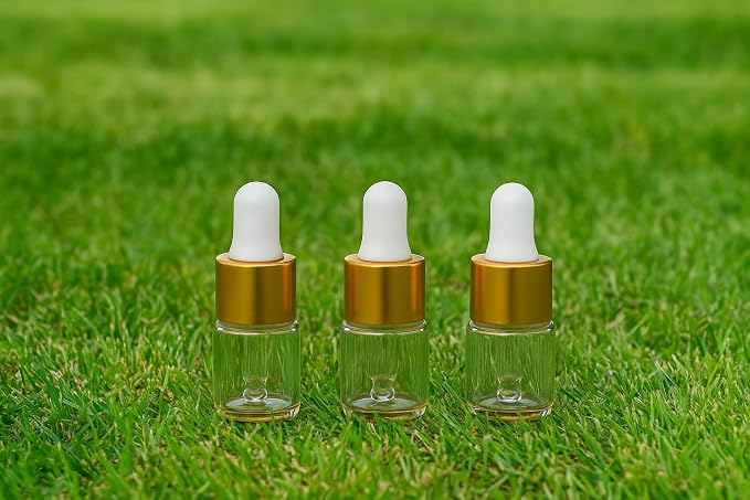 Mini Dropper Bottles 1ml – 100pcs Golden Collar Glass Sample Bottles with Droppers for Essential Oils, Cuticle Oil, Perfume, Travel, Small Business Use