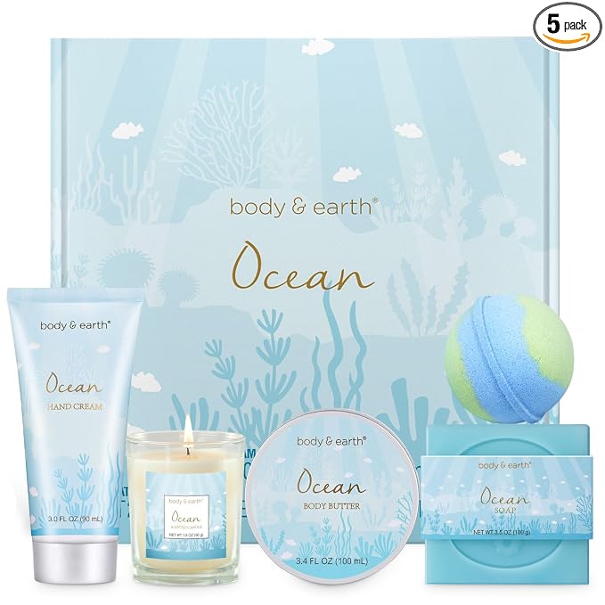 Gifts for Women, Bath and Body Womens Gift Sets with 5 Pcs Ocean Scented Spa Gifts for Women Bath Gift with Scented Candle Body Butter Hand Cream Bath Bomb Mothers Day Gifts