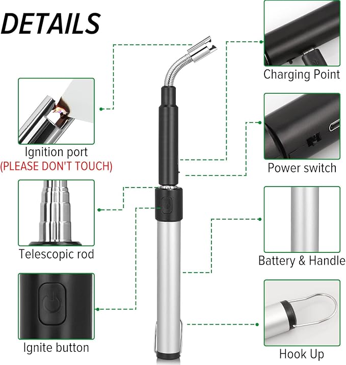 Electric Arc Lighter - Rechargeable Plasma Lighter with 11.4"-27.55" Adjustable Neck, Windproof & Flameless for Candles, Fireplaces, Fire Pits (Silver)