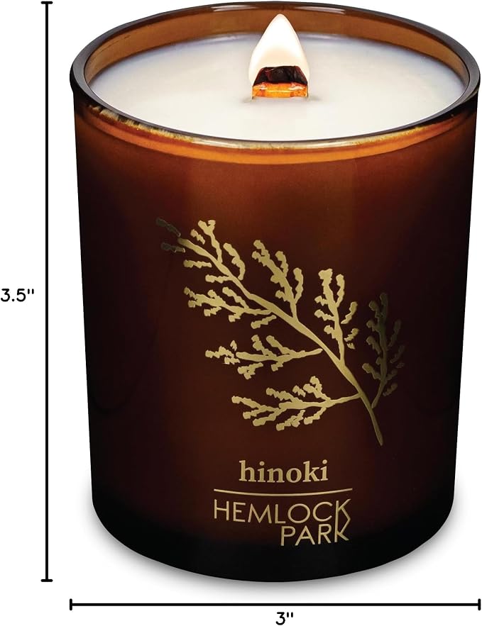 Hemlock Park Hinoki Amber & Gold Scented Candle | Crackling Wood Wick, Botanical Fragrance & Coconut Apricot Wax | Up to 50 Hour Burn Time | 7.2 oz | Made in USA