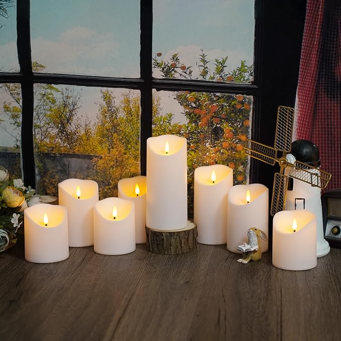 Nimiko Flameless Candles with Remote, Battery Operated Flickering Flameless Candles, LED Candles with Timer 2/4/6/8H, with Realistic LED Candles Set of 9 (D3 x H 3" 4" 5" 6" 7") (White)