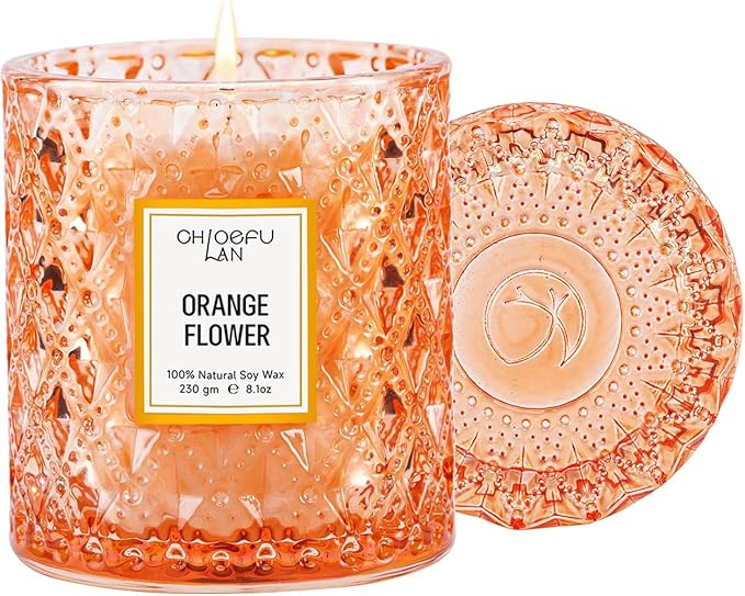 Orange Blossom Candle, Natural Soy Scented Candles for Stress Relief, Holiday Candle Gifts, 55 Hours Smokeless Long Lasting Burning, Great Gift for Women & Men