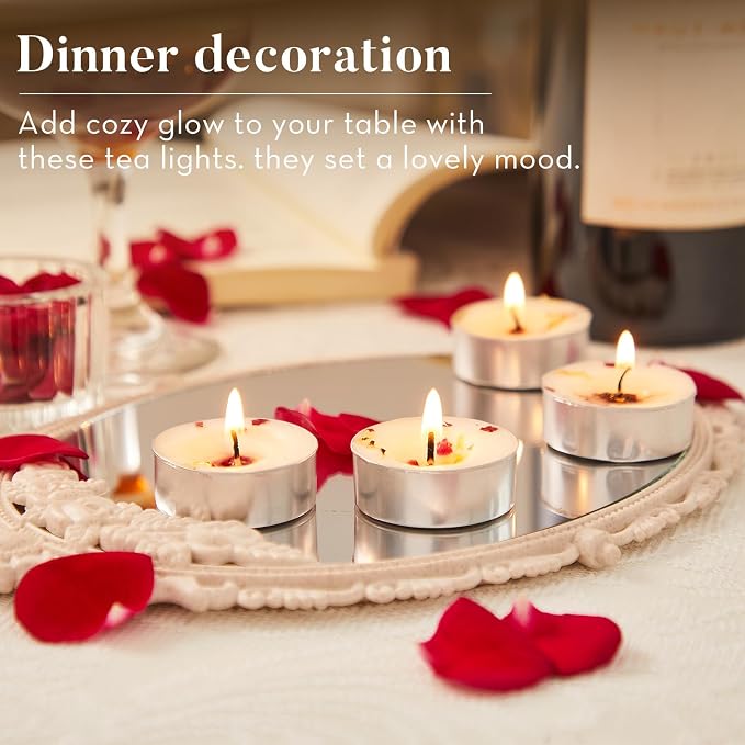 16 Pack Rose Tealight Candles, Petals-Infused with Real Rose Petals, Natural Soy Wax 4-Hour Clean Burn, Smokeless for Relaxation, Wedding & Home Decor