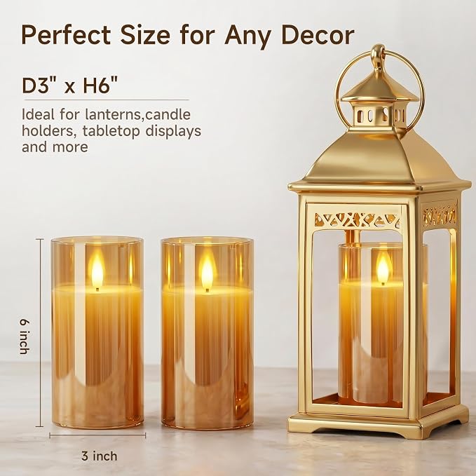 Homemory Amber Glass Flameless Candles Battery Operated LED Pillar Candles with Remote and Timer, Real Wax Flickering Candles with 3D Wick, Decorative Candles Home, Wedding, Holiday Decor, Set of 2