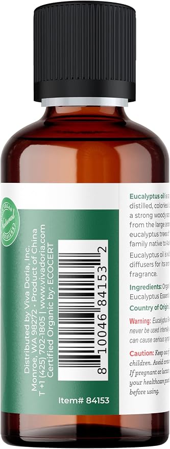 Viva Doria Eucalyptus Essential Oil, USDA Certified, Organic Eucalyptus Globulus Oil, 100% Pure, Natural Essential Oil, Undiluted, for Aromatherapy | Food Grade, 30 mL (1 Fluid Ounce)