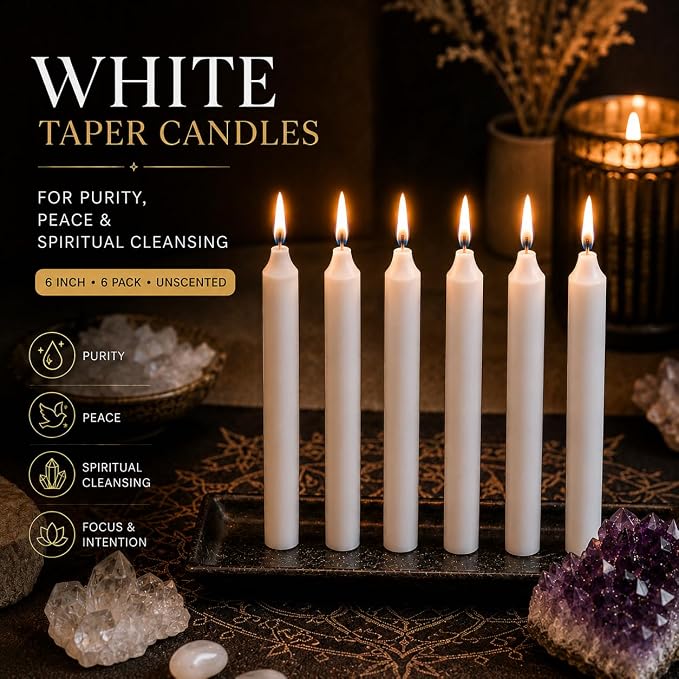White Spell Candles 6 Inch, 6 Pack Unscented Taper Candles for Rituals & Altars by Healing Atlas