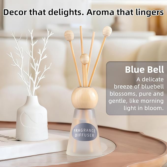 Reed Diffuser Set, Blue Bell Scent with Reed Sticks, 1.7 fl oz / 50ml Cone-Shaped Bottle with Round Wooden Cap, Ideal for Bathroom, Bedroom, Office, Home Fragrance for Shelf Decor Air Freshener Gift