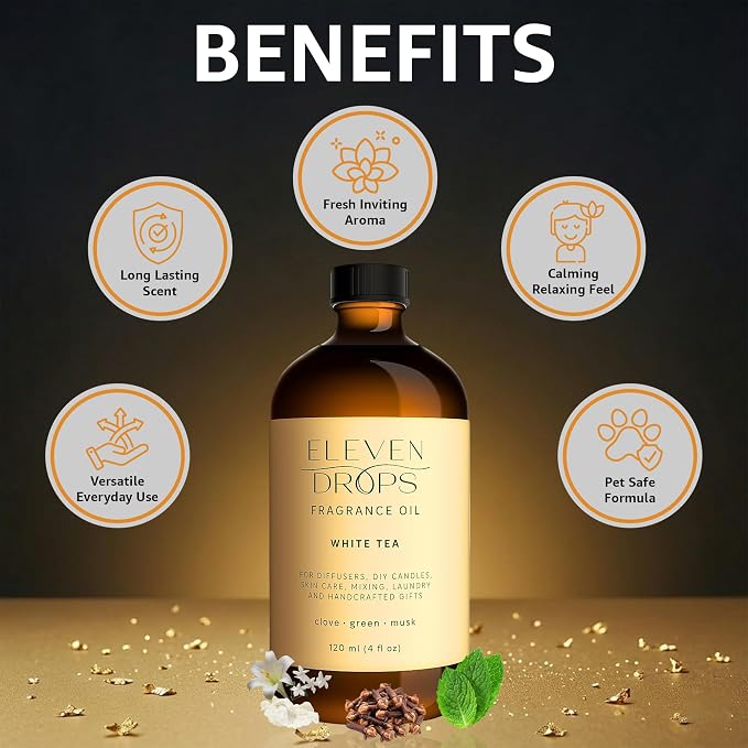 White Tea Fragrance Oil | Clove, Green & Musk Notes | Long Lasting Scent Reed Diffuser Oil for Home, Office, Hotel, Spa, Car & Linen Spray | Pet Friendly IFRA Compliant, 4 oz