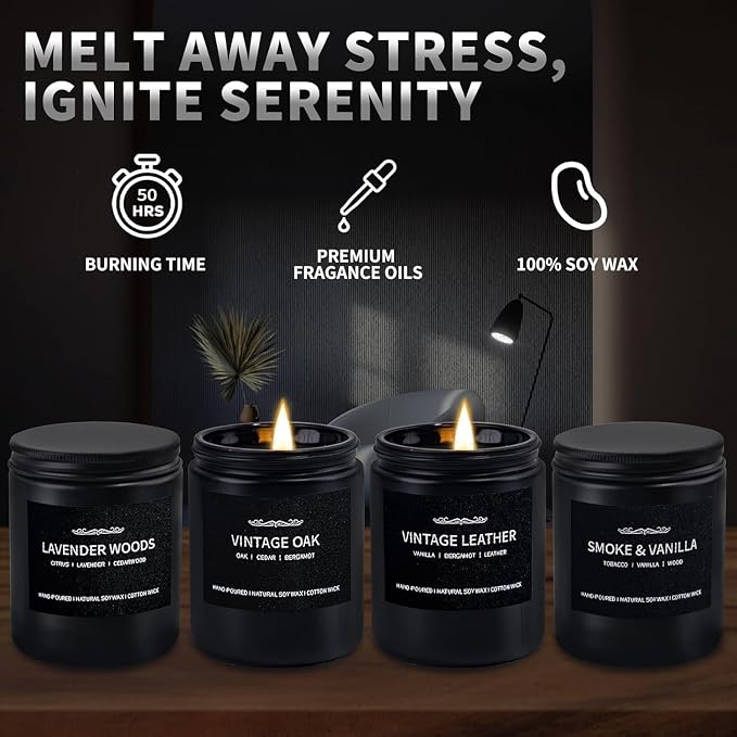 Scented Candle Set, Men Candle Set, Scented Candles for Home, Gifts for Men, 4 Pack Manly Candles Gifts for Mens Scents of Smoke Vanilla/Leather/Oak/Lavender Wood