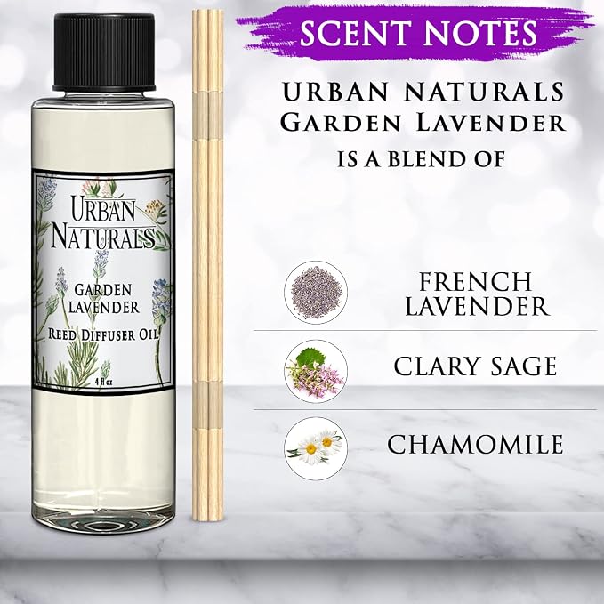 Urban Naturals Garden Lavender Scented Oil Reed Diffuser Refill | Includes a Free Set of Reed Sticks! Calming, Herbal Fragrance – 4 oz. Made in the USA