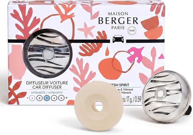 MAISON BERGER Car Diffuser Set, Fresh Spirit | Grapefruit Ginger Cedar Notes, Refillable Vent Clip with Ceramic Refill, Passive 4-Week Diffusion, Made in France