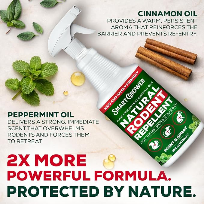 Smart Grower Peppermint Oil Spray for Rodents – Maximum Strength Ready to Use Peppermint Spray for Rodent, Mice, Squirrels – Indoor, Outdoor & Car Engine Protection – 16 oz