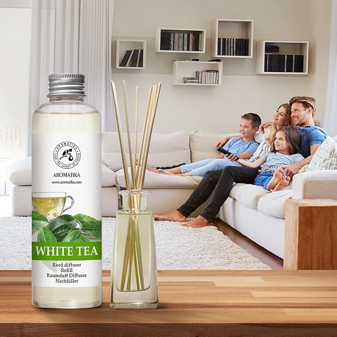 Refill Reed Diffuser White Tea 6.8 Fl Oz (200 ml) - with White Tea Essential Oil - Good Mood - Home Fragrance - Warm Scent - Air Freshener for Bathroom Bedroom Kitchen - Aromatherapy - Nice Smell