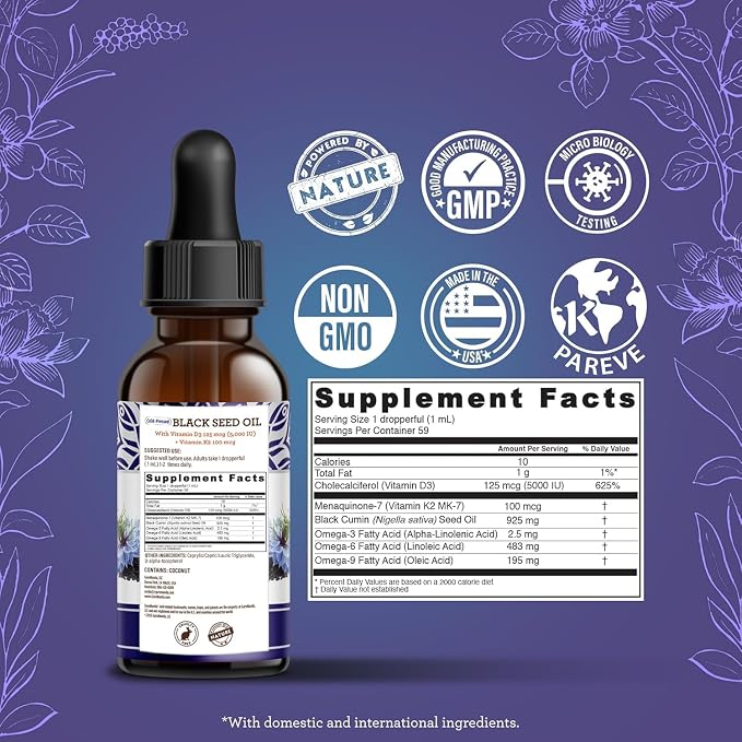 GuruNanda Black Seed Oil, Cold-Pressed Nigella Sativa - Rich in Vitamin D3 5000 Units, K2 & E, High Thymoquinone | Potent Antioxidant for Immune Support, Non-GMO, 2 Fl.oz