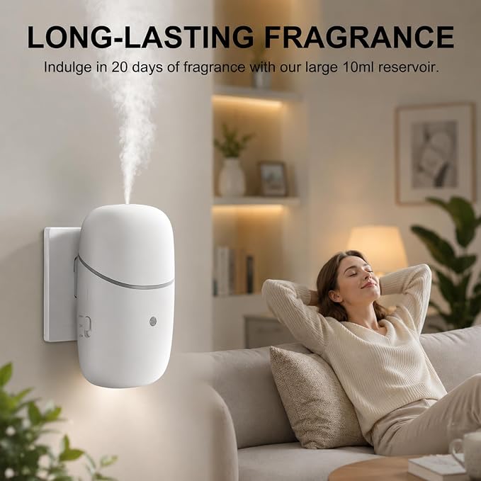 Waterless Diffuser, Quiet Essential Oil Diffuser with Low/High Levels and Timer, Plug in Diffuser with Night Light, Wall Aromatherapy Diffuser for Home, Living Room, Bedroom, Bathroom, White