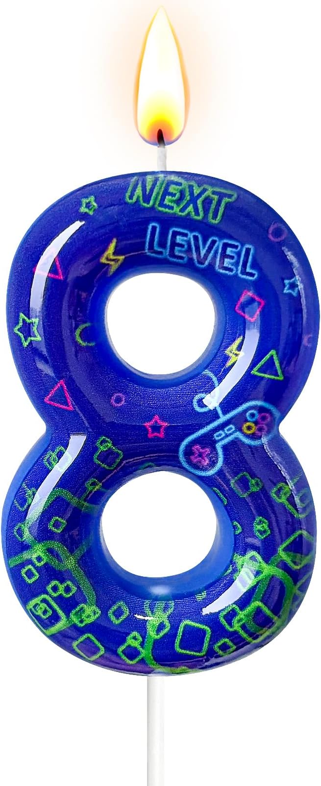 Number 8 Birthday Candle for Cake – Blue Gaming Theme Number Candle with “Next Level” Design, Video Game Style Cake Topper for Anniversary & Celebration