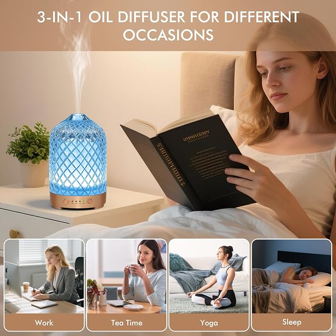 Essential Oil Diffuser for Home- 200ml Aromatherapy Diffuser for Essential Oils with 4 Timer, 7 Color LED Lights Waterless Auto Shut-Off for Home Office Décor Gifts for Women