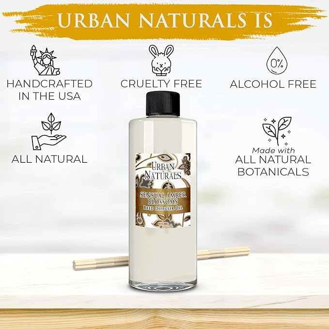 Urban Naturals Reed Diffuser Oil Refill Sensual Amber Blossoms with Jasmine, Freesia, Plum, Orange Blossom, Vanilla 8 oz + Free Reed Sticks, Made in the USA