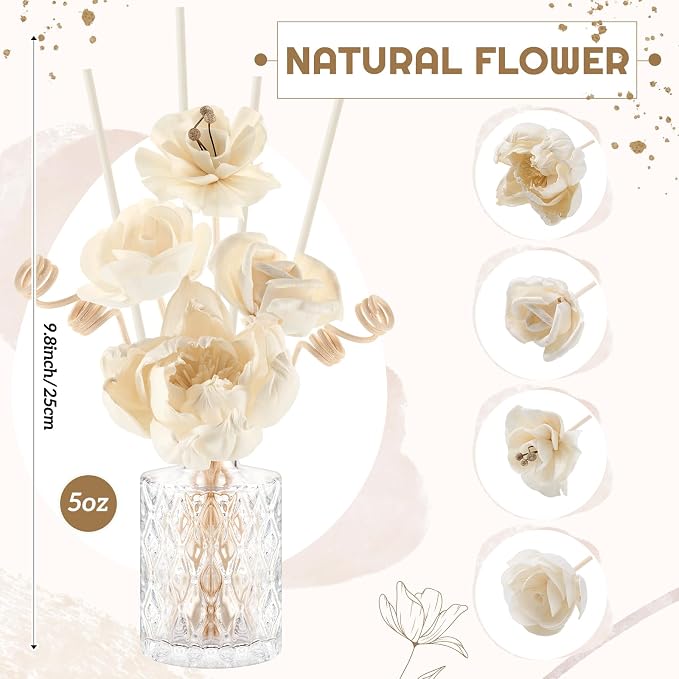 Daifunli 11 Pcs Flower Reed Diffuser Set Include Sola Flowers Diffuser Sticks with 5oz Empty Design Bottles Fragrance Rice Paper Natural Flower for Bedroom Office Bathroom Shelf Decor Gift(Classic)