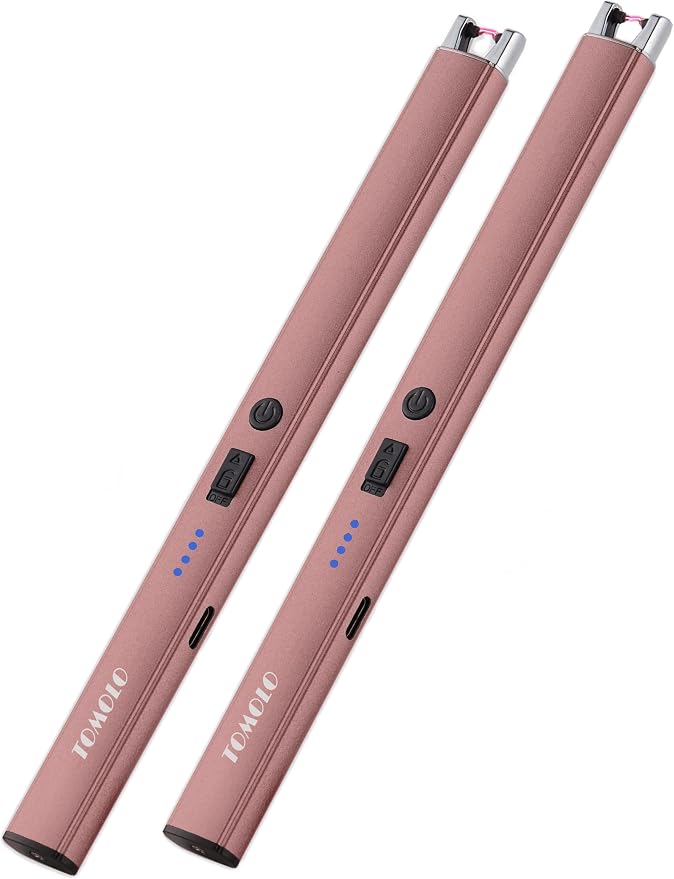 TOMOLO Electric Candle Lighter 2 Pack, Windproof Flameless Rechargeable Lighter with Safety Switch for Candle, Kitchen, Grill, Camping, Gift (Rose Gold)