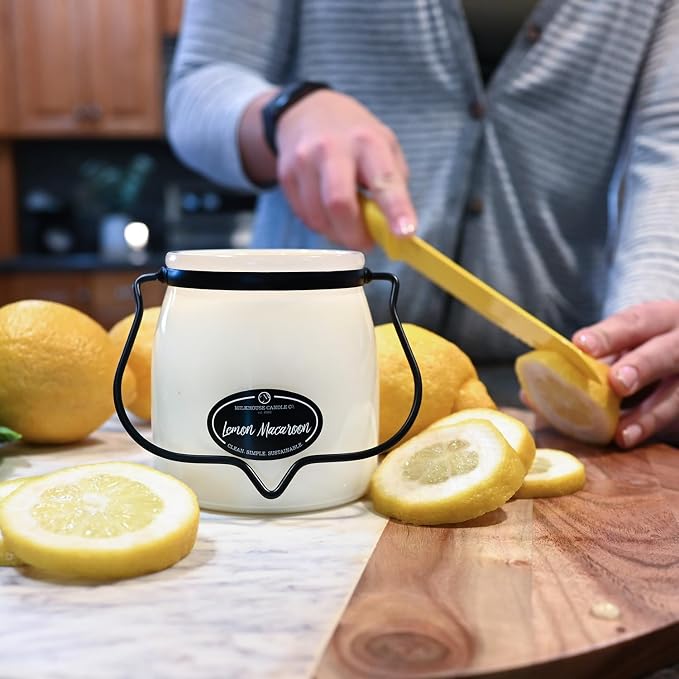 Milkhouse Candle Company Lemon Macaroon Soy Candle - Vanilla | Lemon | Citrus Scented - 16 oz Butter Jar with Lid, 65+ Hour Burn Time, Made in the USA