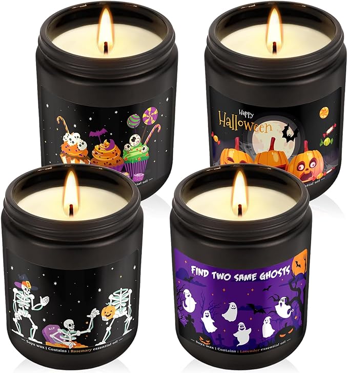 4 Pack 8Oz Halloween Scented Candles for Home Scented Aromatherapy Candles, Soy Wax Autumn Candle Gift Set for Women Men，Home Decoration，Themed Party Decor