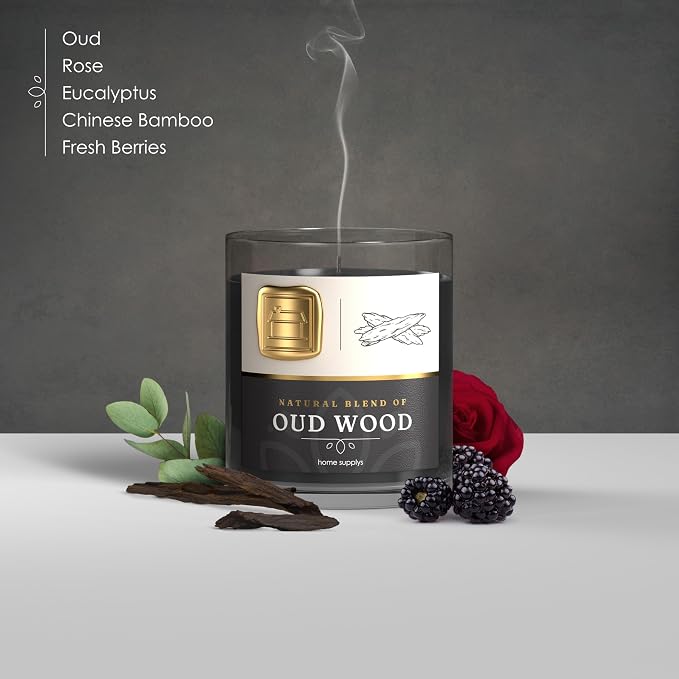 Large Oud Candle - Candle Gift for Women & Men with Lid - (280g/60hr) Long Burn Time with Oud, Rose, Bamboo & Eucalyptus - Organic & Vegan Scented - Relaxation, Aromatherapy & Wellness