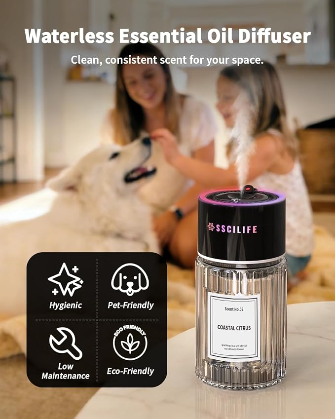 Smart Car Air Freshener Diffuser with Star Light, Auto On/Off Car Aroma Diffuser, 130ml Rechargeable Oil Freshener, Up to 130 Days Use, 4 Mist Modes, RGB Music Sync Light-Coastal Citrus