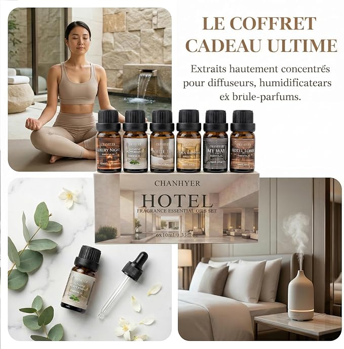 Hotel Collection Essential Oils for Diffusers for Home-6x10ml Luxury Scented Oil Set with Luxury Night,Jasmine Peppermint,White Tea,Citrus Happiness,My Way,Hotel Lobby,Gift for Women and Men
