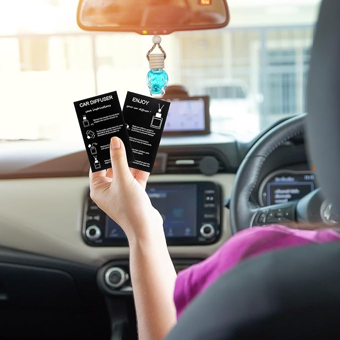 Boao 50 Sets Halloween Skull Hanging Car Air Freshener Diffuser Bottles with 2 x 3.54 Inch Car Diffuser Instructions Cards for Empty Essential Oil Bottles(Black Card,Skull)