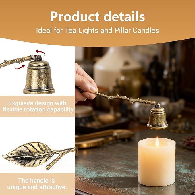 Vintage Leaf Candle Snuffer, Antique Gold Resin, 7.87 Inch Handle with 1.38 Inch Bell, Elegant Home Decor