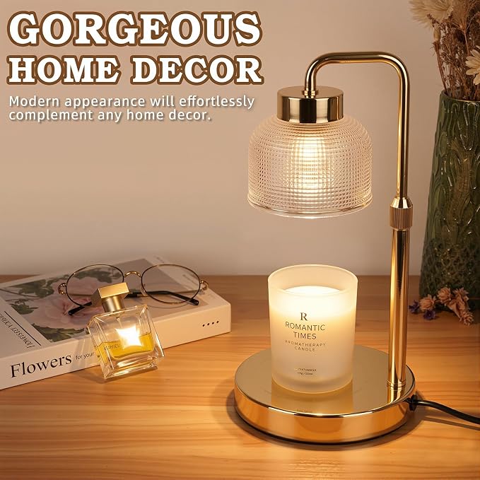 Funistree Candle Warmer Lamp with Timer Dimmer, Adjustable Height Birthday Gifts for Women Mom, Modern Vintage Gold Candle Warmer, Vintage Home Decor for Scented Jar with 2 Bulbs