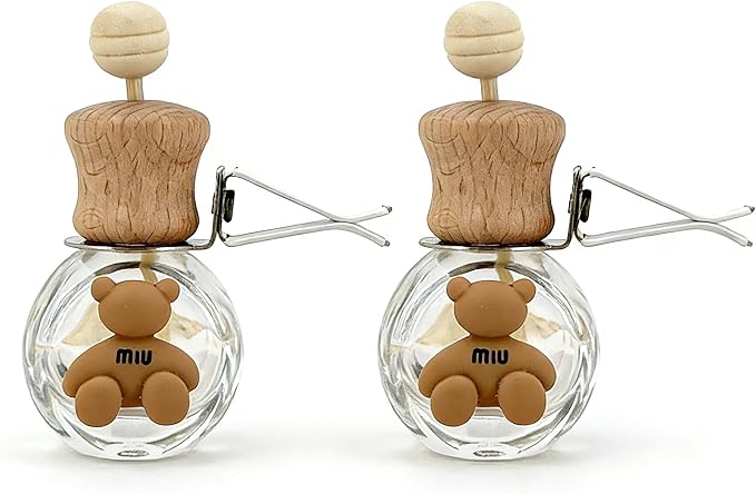 2 Pack Bear Car Vent Clip Diffuser Refillable Empty Glass Bottle | Wood cap glass diffuser with dropper, DIY essential oil freshener for car wardrobe bathroom home