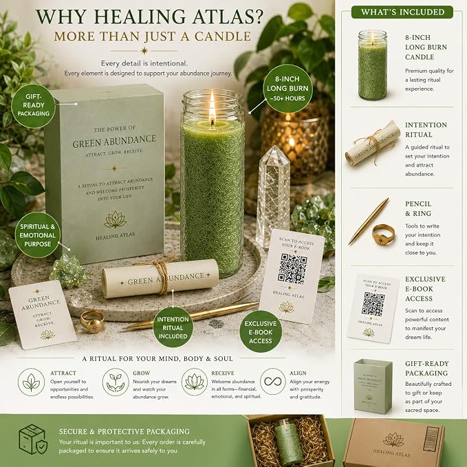 Green Abundance Manifestation Candle Kit – 8" Ritual Prayer Candle with Intention Scrolls, Pencil & QR Guide for Prosperity, Wealth, Success & Abundance