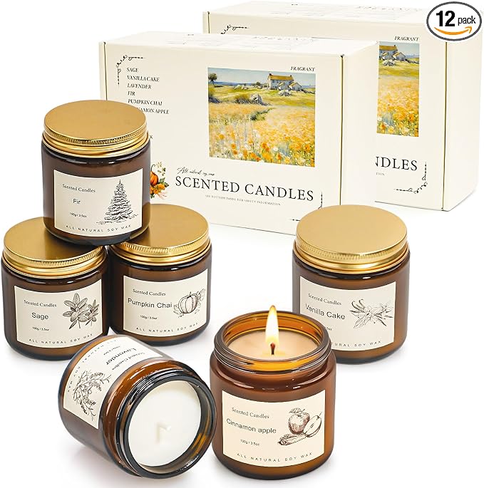 Scented Candles Gift Set for Home, 12 Pack Aromatherapy Soy Candles, 6 Fragrance Scents with 2 Gift Boxes, Long Lasting Small Candles for Relaxation, Bathroom Bedroom Office Gifts for Women