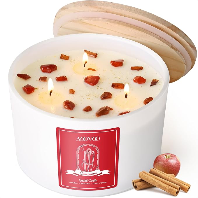 AOOVOO Apple Cinnamon Scented Candles for Women - 20oz 3 Wick Soy Candles for Home Scented, Aromatherapy Candle with Crystals Inside, Birthday Gifts Valentines Day Candle for Women Mom