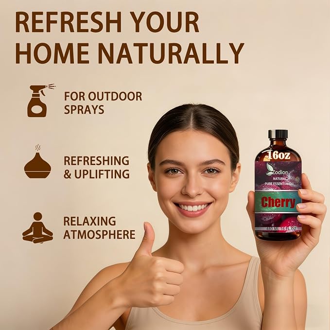 Cherry Essential Oil - Cherry Fragrance Oil for Diffuser, Massage, Humidifier, DIY Candle, Soap Making, Home, Bath, Yoga - 16 fl oz (480ml) - ZODION Cherry Essential Oils