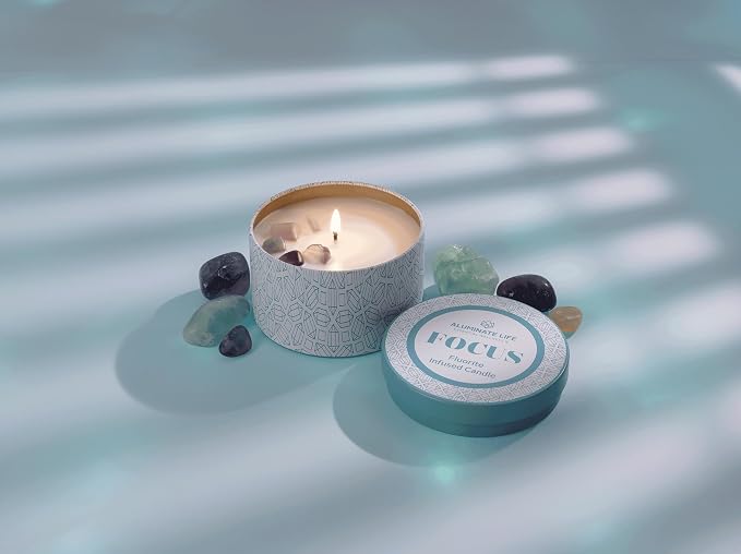 Luxury Candle Tin, 6 OZ, Focus - Fluorite Crystal Infused - Scents of Orange, Ginger, Ylang-ylang, & Lavender - Awareness, Mental Order, & Clarity - Coconut Wax Blend