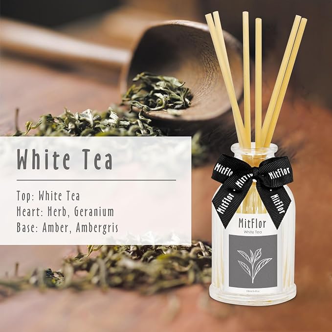 Hotel Fragrance Reed Diffuser, MitFlor White Tea Diffuser for Home Office, Inspired by Shangri-La Hotel, Essential Diffuser Oil Set with Natural Rattan Sticks, 100ml / 3.4 fl oz