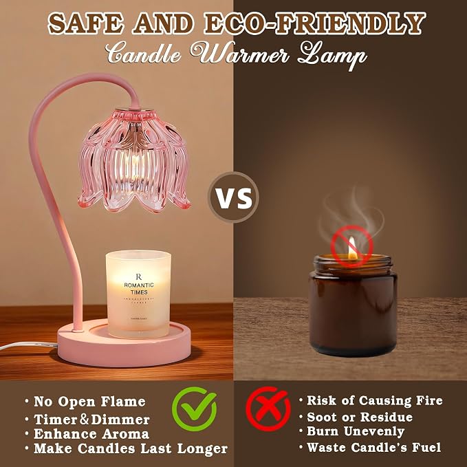 Funistree Flower Candle Warmer Lamp with Timer, Dimmable Candle Lamp Warmer, Christmas Birthday Gifts for Women Mom Her, Housewarming Home Decor, Lotus Wax Warmer for Yankee - Full Pink 10 Inch
