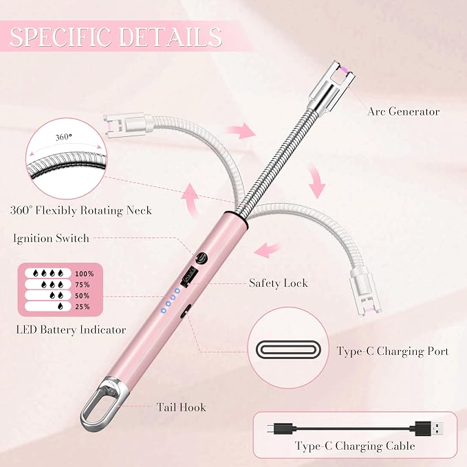Electric Lighter, Candle Lighter Flameless Windproof with 360° Flexible Neck & LED Power Display, Type C Arc Rechargeable Lighters for BBQ, Camping, Cooking, Gift for Christmas, Thanksgiving, Birthday