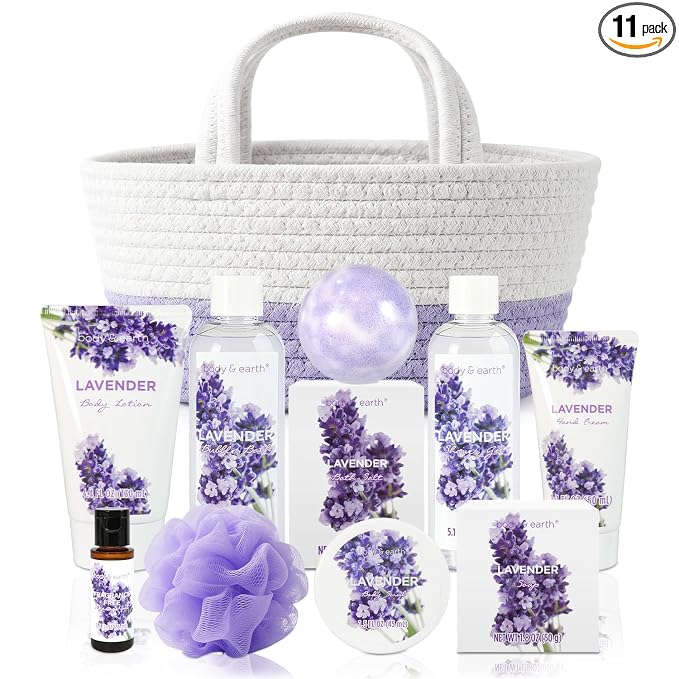 BODY & EARTH Spa Gift Baskets for Women 11pcs Lavender Gift Sets with Bubble Bath, Shower Gel, Body Lotion, Mom Birthday Gifts, Spa Kit, Purple Gift for Her, Mothers Day Gifts for Mom
