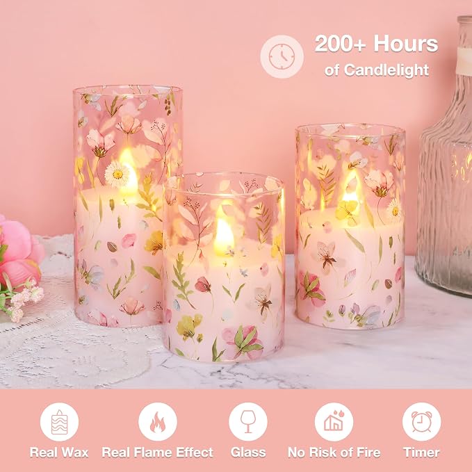 Pink Flameless Candles with Remote Timer, Glass Battery Operated Candles, Pink Flower Decals LED Candles for Home Party Wedding Mother's Day Thanksgiving Decor Set of 3