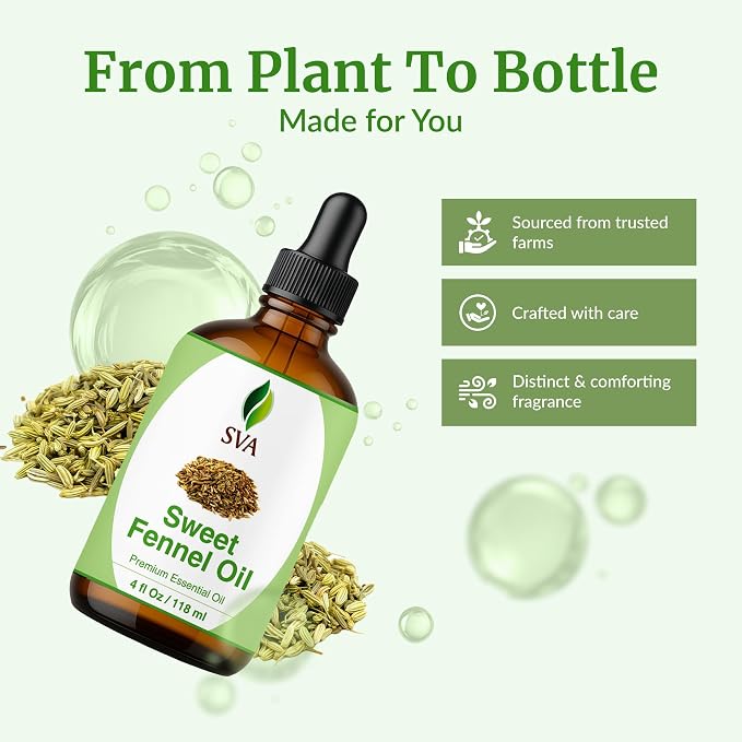 SVA Sweet Fennel Essential Oil – 4 Fl Oz – 100% Natural Fennel Oil - for Diffuser, Hair Care, Face, Skin Care, Aromatherapy, Scalp and Body Massage, Soap and Candle Making – with Dropper