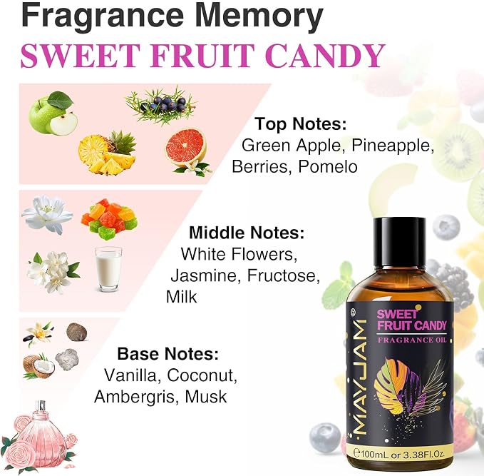 Sweet Fruit Candy Fragrance Oil Essential Oil, MAYJAM 3.38FL.OZ Sweet Fruit Candy Oil for Diffusers for Home, Long Lasting Scented Oils for Soap Candle Making - 100ML