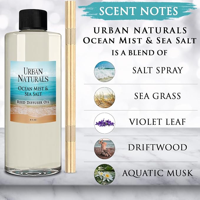 Urban Naturals Reed Diffuser Oil Refill Ocean Mist Sea Salt with Salt Spray, Violet Leaf, Sea Grass, Driftwood 8 oz + Free Reed Sticks, Made in the USA