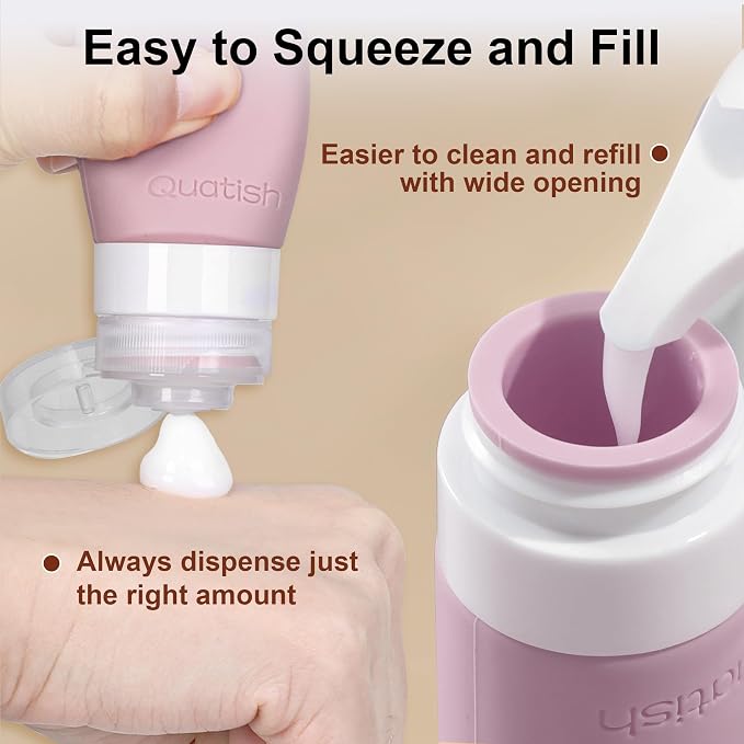 Quatish 15 Pack Travel Bottles for Toiletries, Original Patented, TSA Approved Travel Size Containers, Leak Proof Silicone Shampoo and Conditioner Bottles Women & Men, Airplane Essentials, Dusty Pink