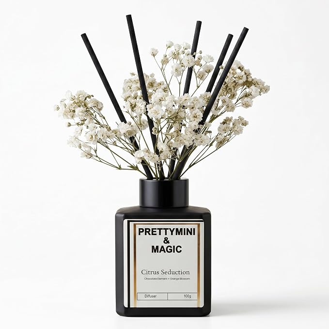 PRETTYMINI & MAGIC Reed Diffuser Set – Chocolate Element + Orange Blossom Home Fragrance, Long-Lasting Reed Diffusers for Home Fragrance with Sticks for Bedroom, Bathroom & Shelf Décor – 100g
